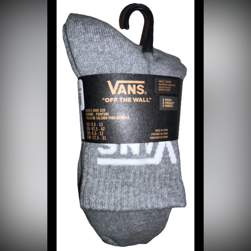 Vans Off The Wall Half Crew Socks 3 Pair Men 9.5-13 Gray w White Logo Skate Ride